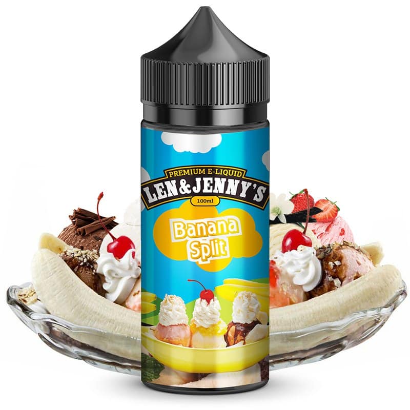 Sumérgete en una experiencia de vapeo decadente con el líquido Len & Jenny's Banana Split. Este líquido te llevará directamente a saborear el clásico postre de plátanos maduros con helado, crema batida, sprinkles y una cereza, todo en una exquisita combinación.